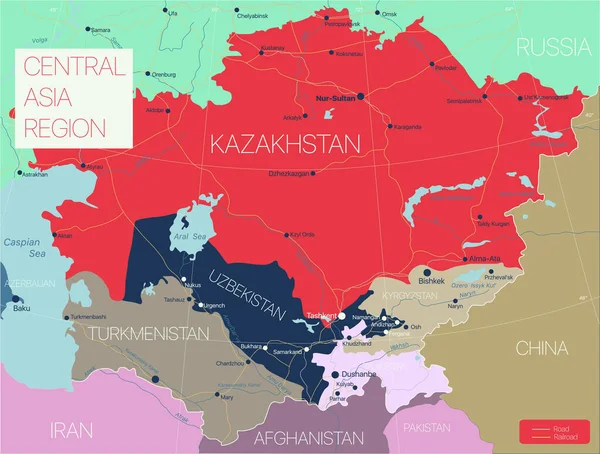 Asia centrale mappa dettagliata modificabile — Vettoriale Stock