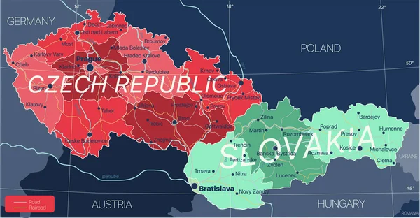 チェコ共和国とスロバキア国の詳細な編集可能なマップ — ストックベクタ
