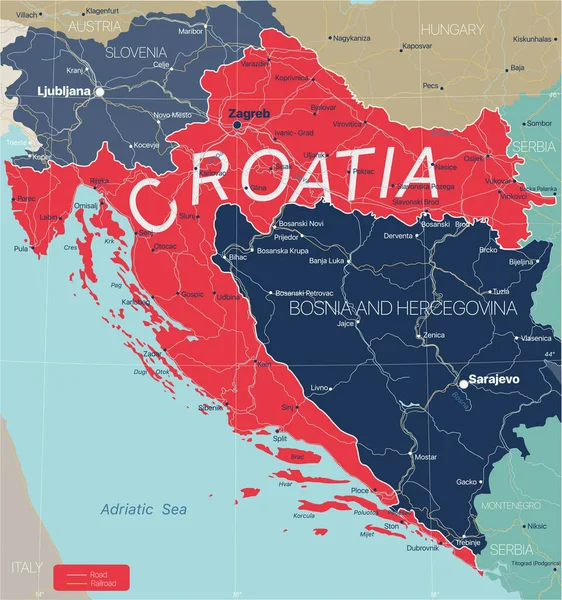 Horvátország ország részletes szerkeszthető térkép — Stock Vector