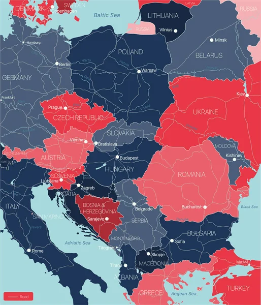 Europa Oriental mapa editável detalhado —  Vetores de Stock