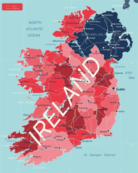 İrlanda ülkesi ayrıntılı düzenlenebilir harita — Stok Vektör