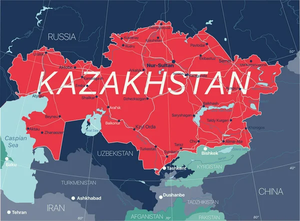 Kazachstan land gedetailleerde bewerkbare kaart — Stockvector