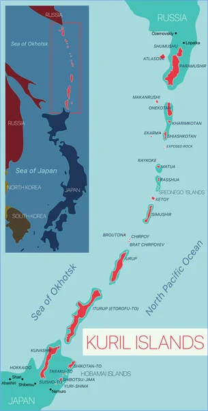 Kuril Islands szczegółowa mapa edytowalna — Wektor stockowy