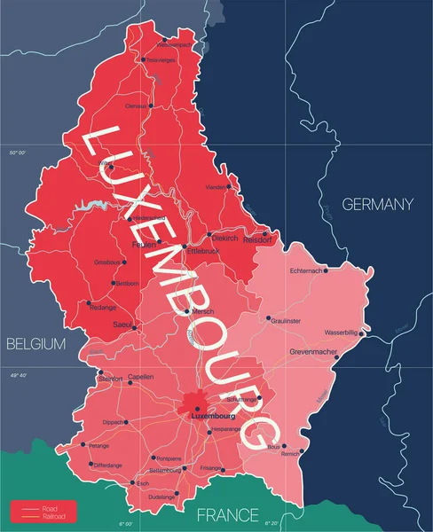 Luksemburg szczegółowa mapa edytowalna — Wektor stockowy