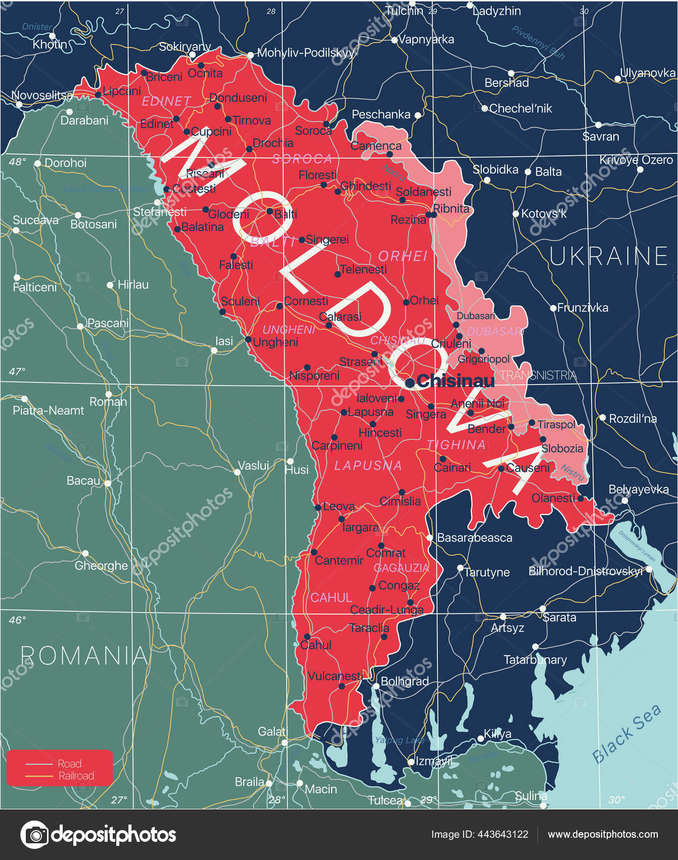 Moldova country detailed editable map Stock Vector by ©olinchuk 443643122
