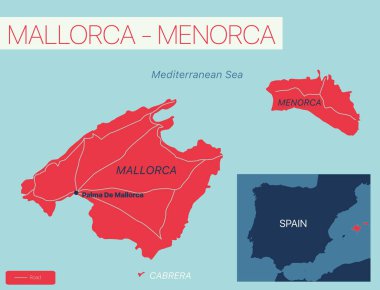 Mallorca-Menorca adaları ayrıntılı düzenlenebilir harita
