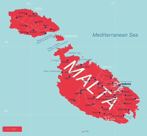 Malta země detailní upravitelná mapa — Stockový vektor