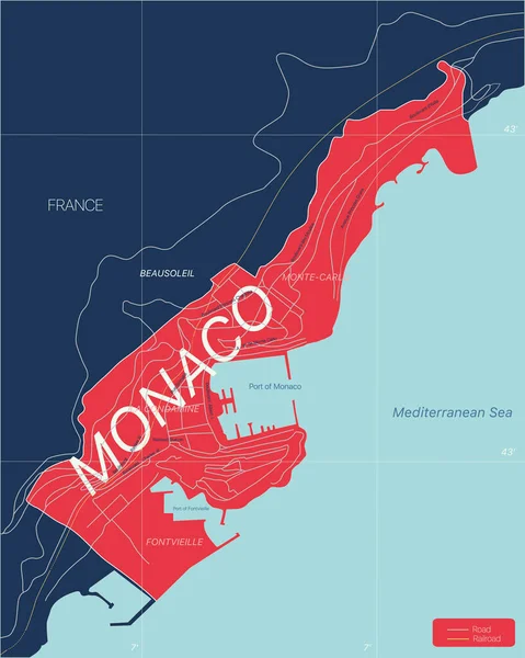 Monaco land detaljerad redigerbar karta — Stock vektor