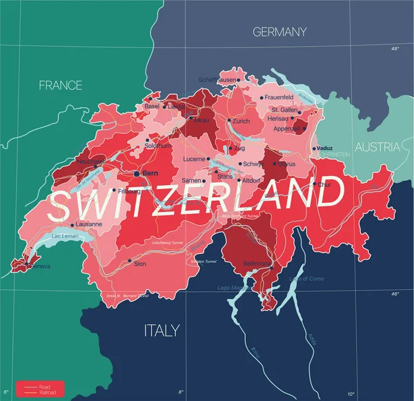 Schweiz land detaljerad redigerbar karta — Stock vektor