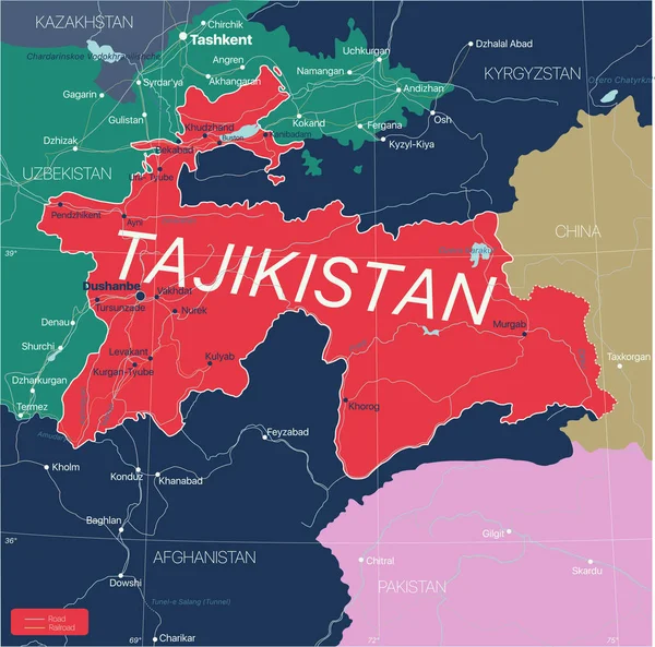 Tadzjikistan land gedetailleerde bewerkbare kaart — Stockvector