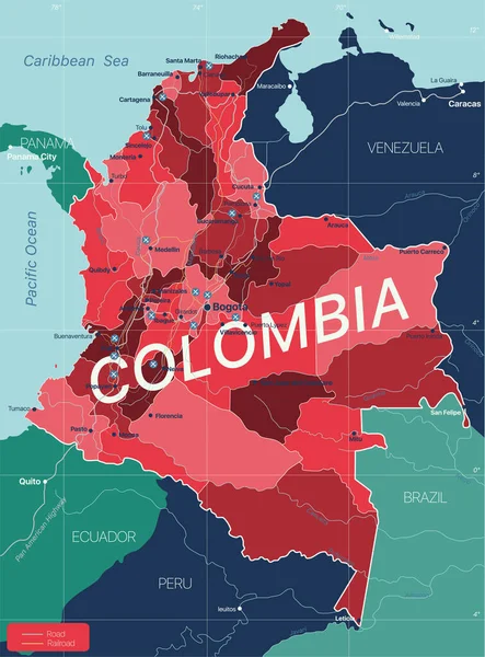 Colombia país mapa editable detallado — Archivo Imágenes Vectoriales