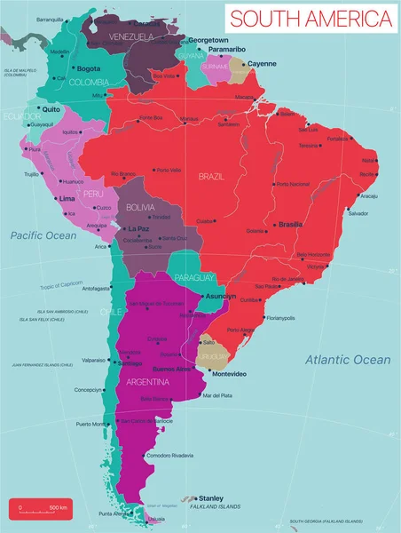 América del Sur país mapa editable detallado — Vector de stock