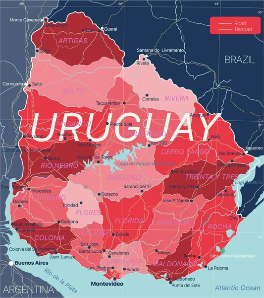 Uruguay land detaljerad redigerbar karta — Stock vektor