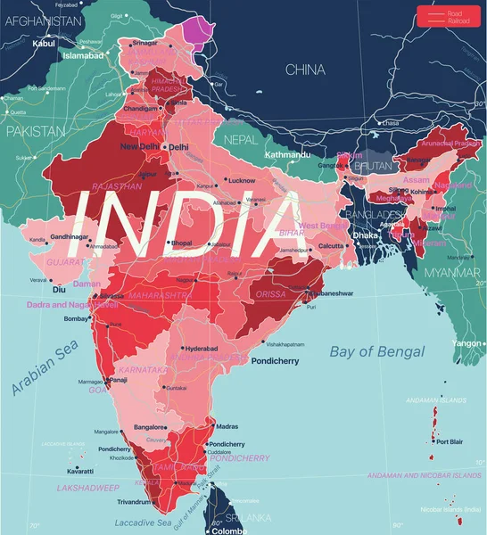 Índia país detalhado mapa editável — Vetor de Stock
