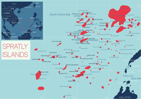 Spratly Island detailní upravitelná mapa — Stockový vektor