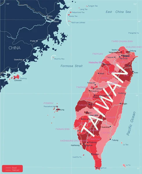 Taiwan mapa editável detalhado —  Vetores de Stock