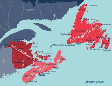 Kanada, New Brunswick, Nova Scotia, Prens Edward Adası ve Newfoundland vilayetinin Atlantik eyaletlerinin renkleri düzenlenebilir haritası.
