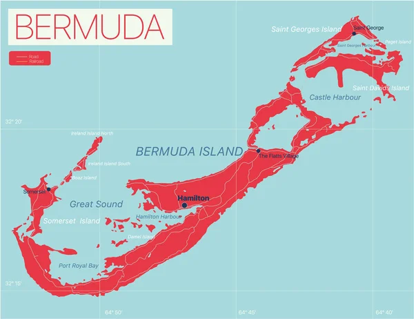 Bermuda mappa dettagliata modificabile — Vettoriale Stock