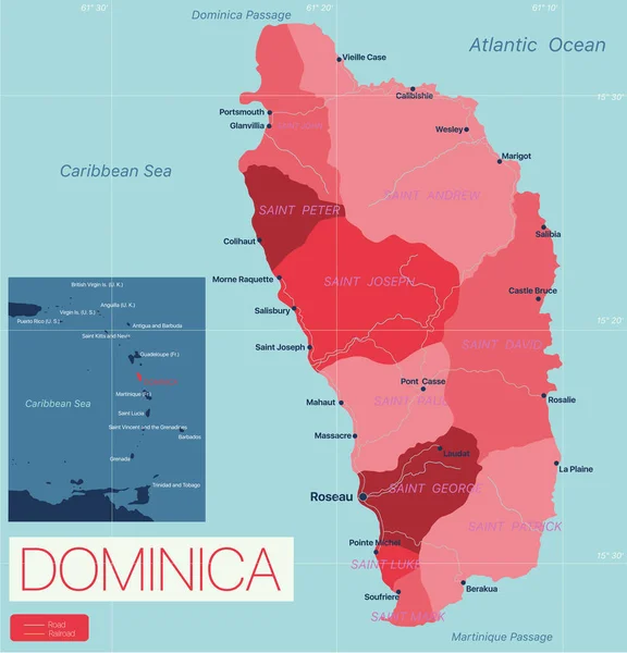Dominica paese mappa dettagliata modificabile — Vettoriale Stock