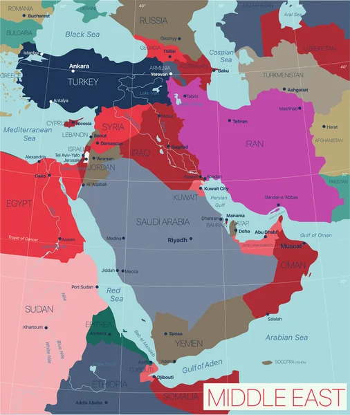 Mapa editável detalhado da região do Médio Oriente — Vetor de Stock