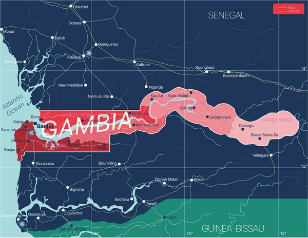 Gambia paese mappa dettagliata modificabile — Vettoriale Stock