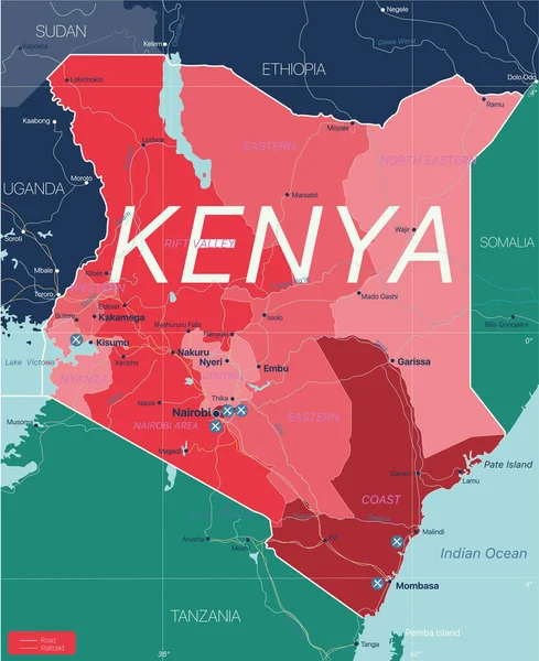 Kenia land gedetailleerde bewerkbare kaart — Stockvector