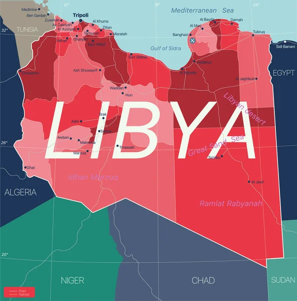 Libia país mapa editable detallado — Archivo Imágenes Vectoriales