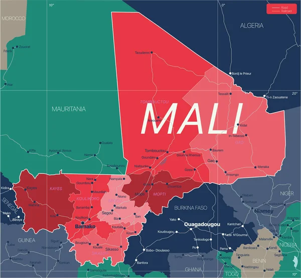 Mali land detaljerad redigerbar karta — Stock vektor