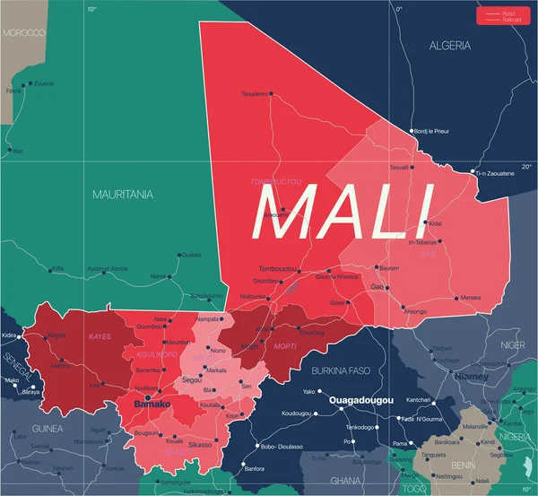 Malí país mapa editable detallado — Archivo Imágenes Vectoriales