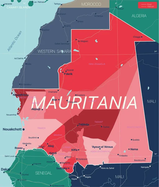 Mauritania country detailed editable map — Stock Vector