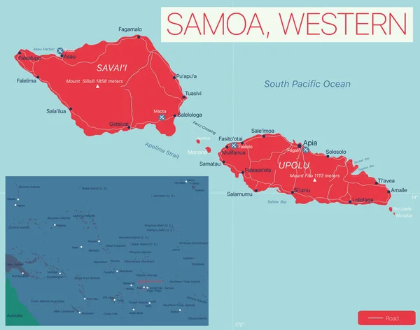 Západní Samoa detailní upravitelná mapa — Stockový vektor