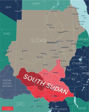 Güney Sudan ülkesi detaylı düzenlenebilir harita