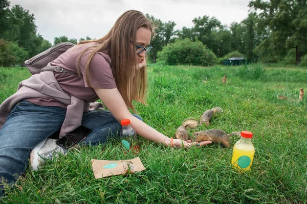 Mulher alimentando gopher — Fotografia de Stock