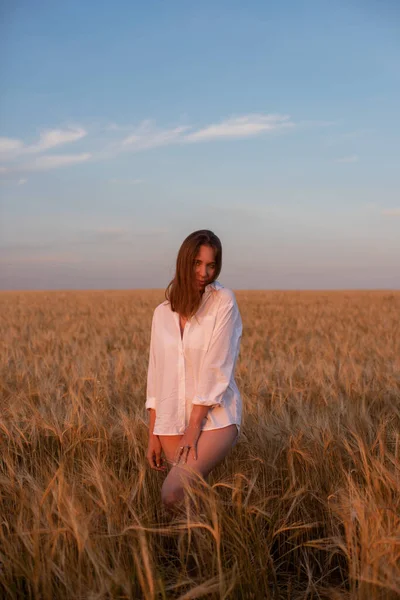 Aerial view of woman lying in the field of wheat — Stock Photo, Image