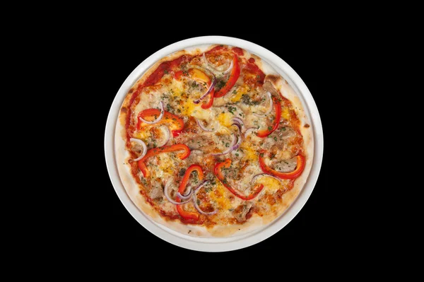 Meat pizza on black — Stock Photo, Image