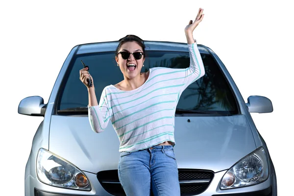 Mujer con llave del coche — Foto de Stock