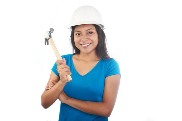 Girl with hat and hammer — Stock Photo, Image