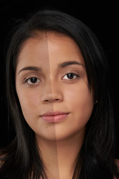 Rosto da mulher antes e depois do photoshop — Fotografia de Stock