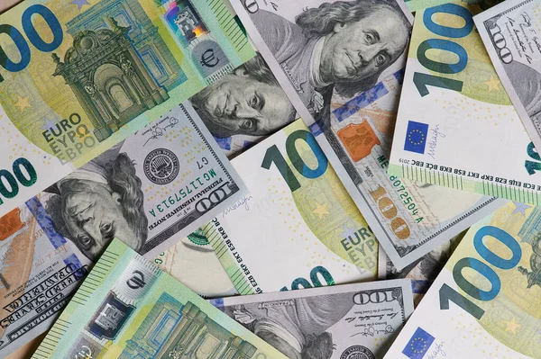 Фон Доларів Євро Банкноти Над Верхнім Пласким Видом — стокове фото