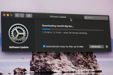 New York, ABD - 13 Kasım 2020: Makos sistemini Big Sur 'a güncelleme ekranda yakın çekim görüntüsü