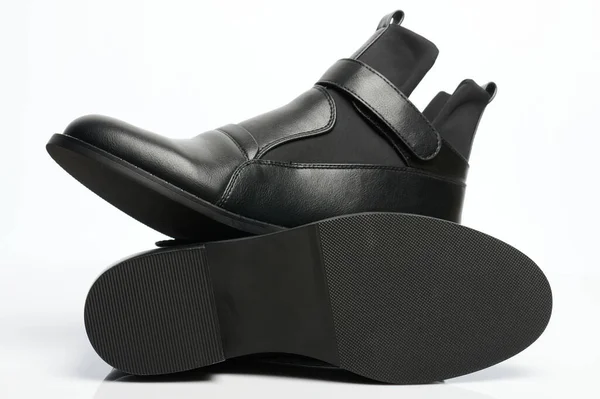 Paire Chaussures Cuir Noir Avec Semelle Vue Latérale Isolées Sur — Photo