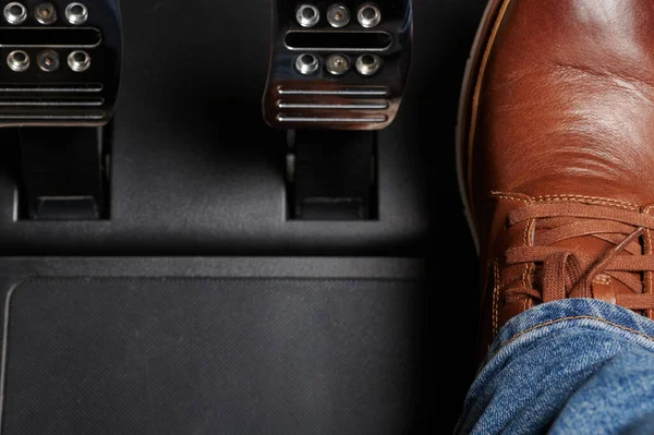 Push Throttle Pedal Brown Leather Shoe Copy Space — Stock Photo, Image