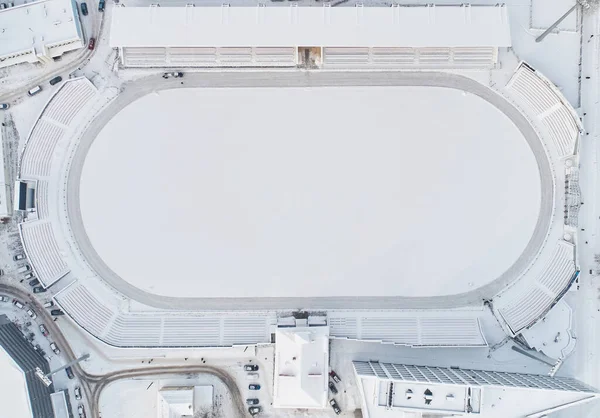 Campo Futebol Coberto Com Neve Inverno Acima Vista Superior Drone — Fotografia de Stock