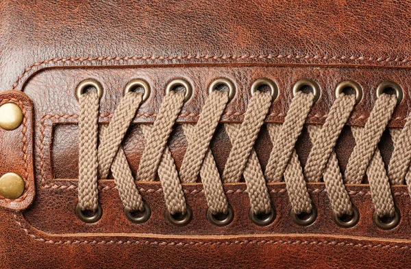 Lace Thread Brown Leather Bag Macro Close View — Stock Photo, Image