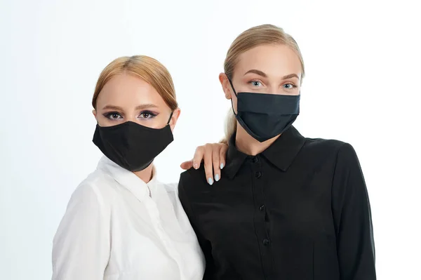 Happy Two Young Girls Black Mask Isolated White Studio Background — Stock Photo, Image