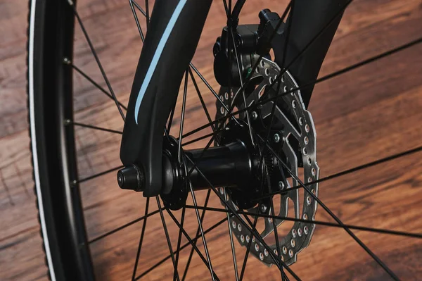 Break sytem on front wheel in modern bicycle close up view
