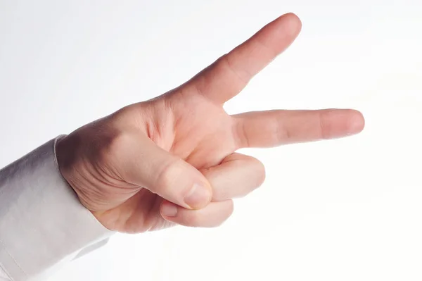 Victory Sign Fingers Close Isolated Studio Background — Stock Photo, Image