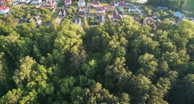 Ormanın arka planındaki banliyö bölgesi hava aracı görüntüsü