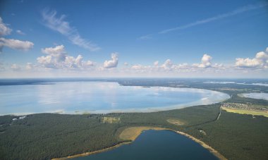 Bright sunny lake landscape with clean sky aerial drone view