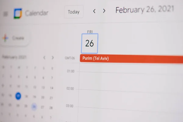 New York Usa February 2021 Purim February Google Calendar Laptop — Fotografia de Stock